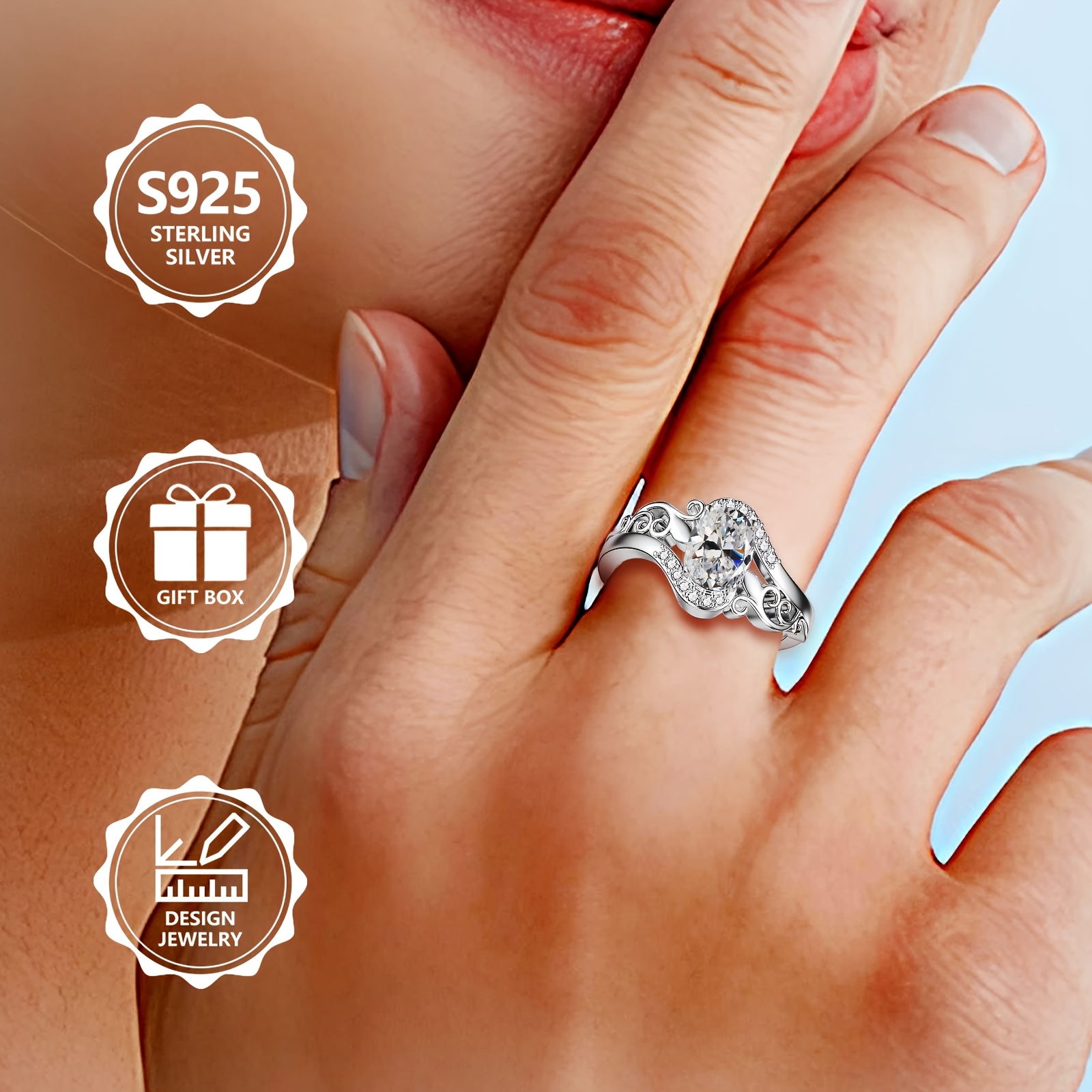 925 Silver Women's Anniversary Ring Bohemian Hollow Oval CZ Stone